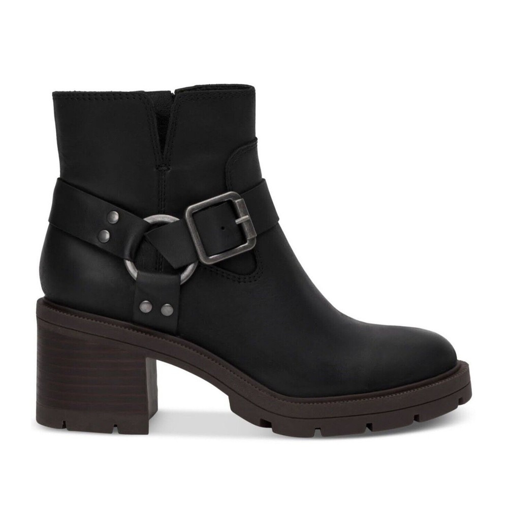 Lucky Brand Black Leather Block Heel Ankle Boots Women’s Sz 8 Buckle Zip